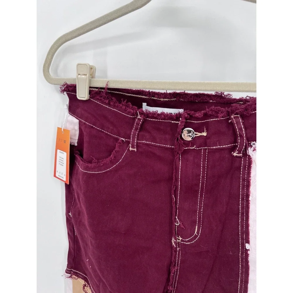Patchwork Colorblock Jeans Burgundy Tan White Frayed Hem Size M NWT - Picture 3 of 9